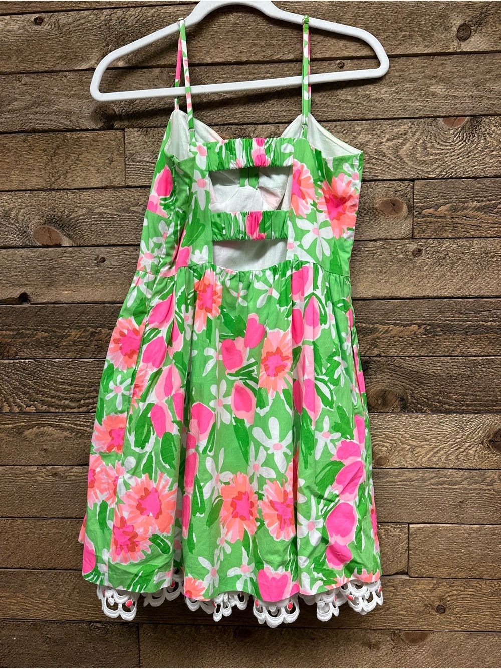 Lilly Pulitzer Floral Cutout Back Dress White Lace Trim Green Pink Sundress - Picture 8 of 9
